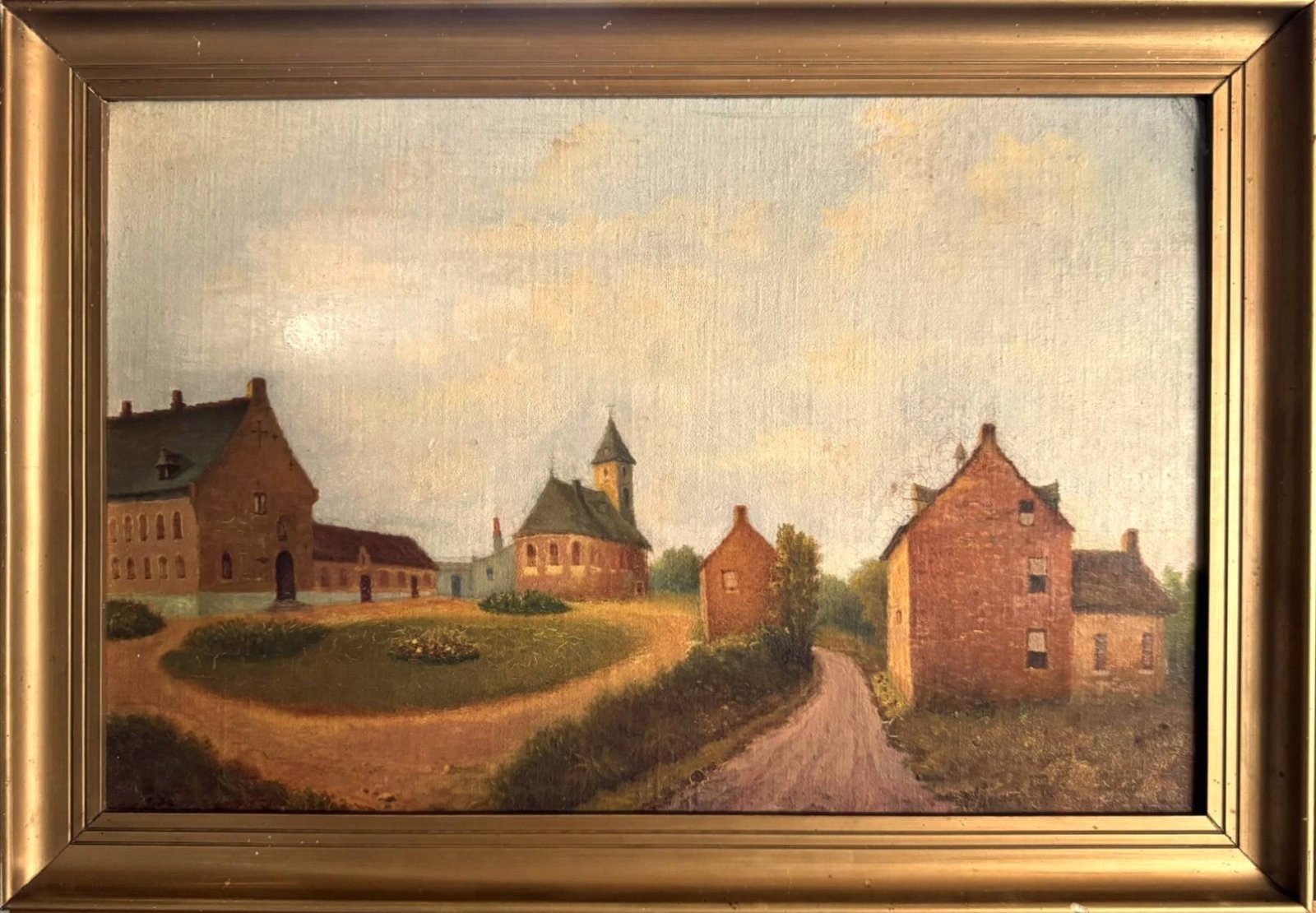 Antique Early 20th-Century Oil Painting • European Village Landscape 